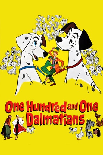 When a litter of dalmatian puppies are abducted by the minions of Cruella De Vil, the parents must find them before she uses them for a diabolical fashion statement.
 In a Disney animation classic, Dalmatian Pongo is tired of his bachelor-dog life. He spies lovely Perdita and maneuvers his master, Roger, into meeting Perdita's owner, Anita. The owners fall in love and marry, keeping Pongo and Perdita together too. After Perdita gives birth to a litter of 15 puppies, Anita's old school friend Cruella De Vil wants to buy them all. Roger declines her offer, so Cruella hires the criminal Badun brothers to steal them -- so she can have a fur coat.