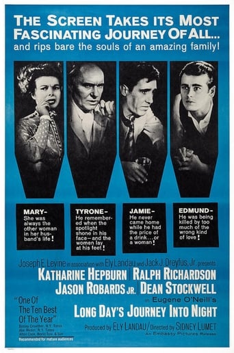 Over the course of one day in August 1912, the family of retired actor James Tyrone grapples with the morphine addiction of his wife Mary, the illness of their youngest son Edmund and the alcoholism and debauchery of their older son Jamie. As day turns into night, guilt, anger, despair, and regret threaten to destroy the family.